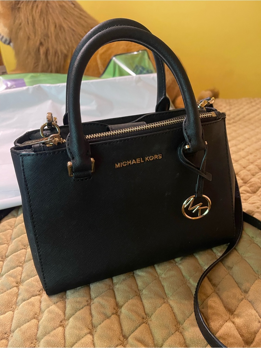 Michael Kors Black Saffiano Satchel with Gold MK Charm
